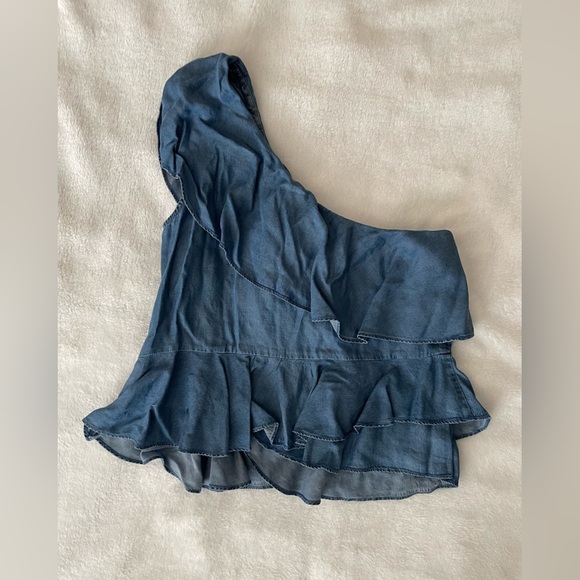 Denim One-Shoulder Ruffle Top in Blue Highline size small - Picture 4 of 8